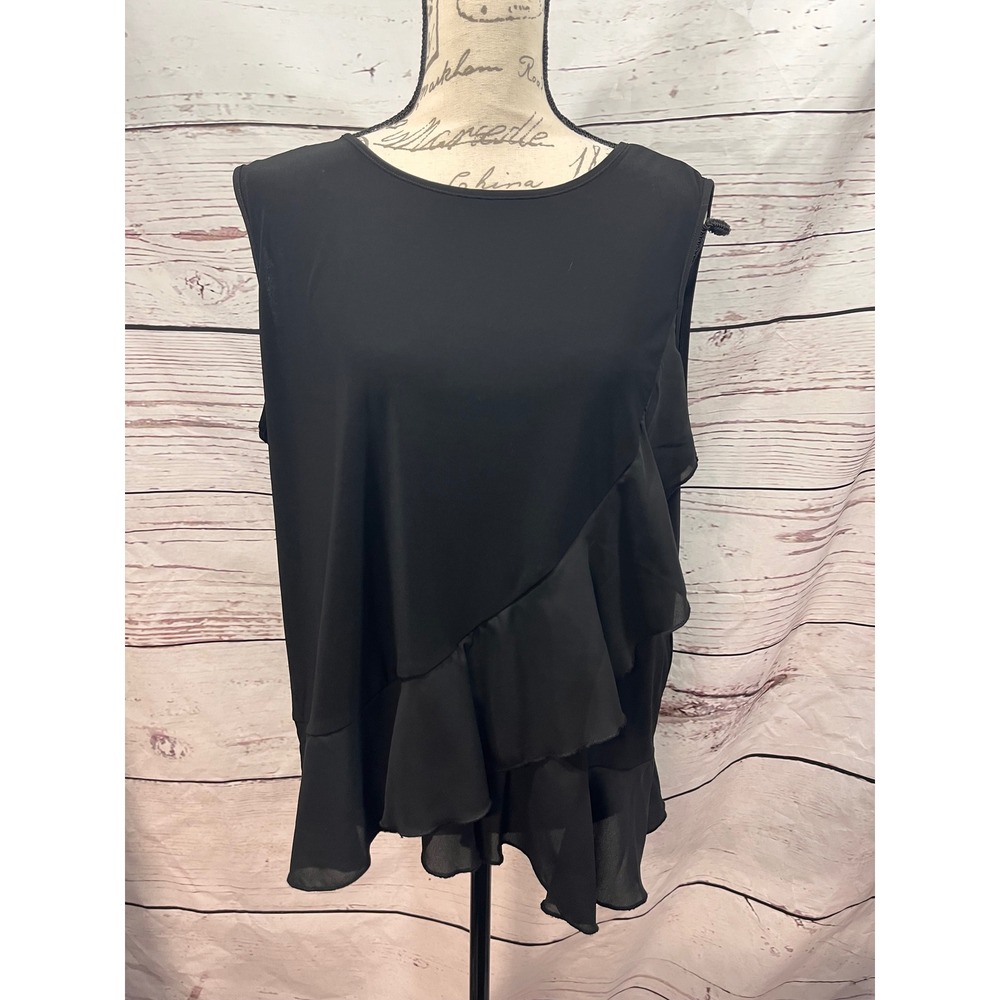 Nine West Womens XL Black Asymmetrical Ruffle Sleeveless Blouse Tie Back Top